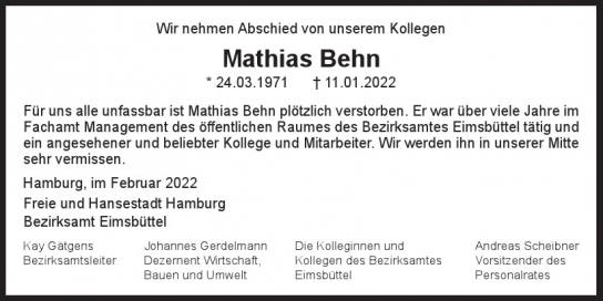 Traueranzeige von Mathias Behn von Hamburger Tageszeitungen und Anzeigenblättern der FUNKE Mediengruppe