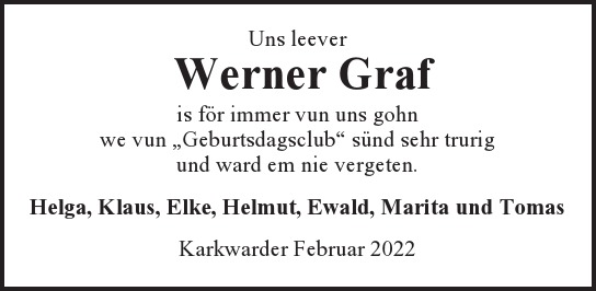 Traueranzeige von Werner Graf von Hamburger Tageszeitungen und Anzeigenblättern der FUNKE Mediengruppe