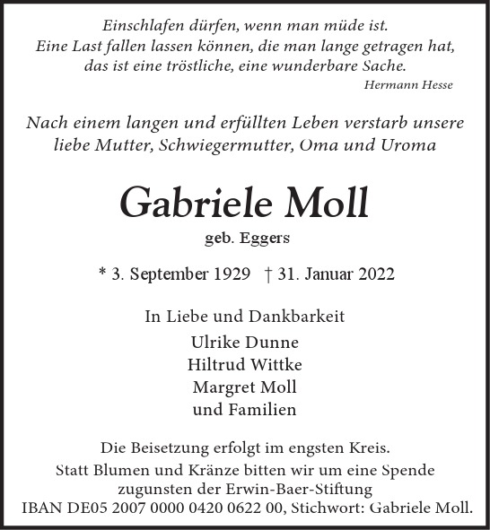 Traueranzeige von Gabriele Moll von Hamburger Tageszeitungen und Anzeigenblättern der FUNKE Mediengruppe