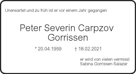 Traueranzeige von Peter Severin Carpzov Gorrissen von Hamburger Tageszeitungen und Anzeigenblättern der FUNKE Mediengruppe