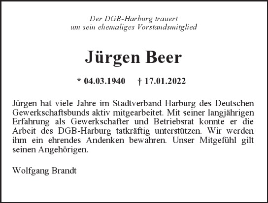 Traueranzeige von Jürgen Beer von Hamburger Tageszeitungen und Anzeigenblättern der FUNKE Mediengruppe