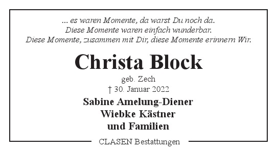 Traueranzeige von Christa Block von Hamburger Tageszeitungen und Anzeigenblättern der FUNKE Mediengruppe