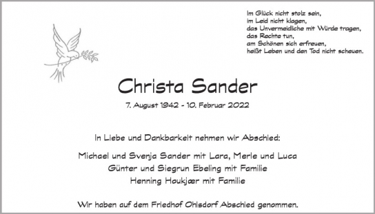 Traueranzeige von Christa Sander von Hamburger Tageszeitungen und Anzeigenblättern der FUNKE Mediengruppe