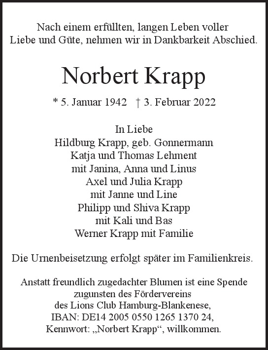 Traueranzeige von Norbert Krapp von Hamburger Tageszeitungen und Anzeigenblättern der FUNKE Mediengruppe