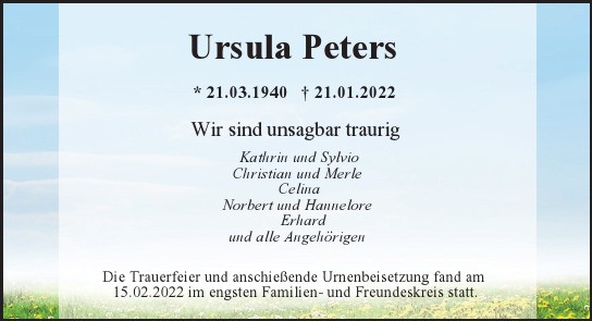 Traueranzeige von Ursula Peters von Hamburger Tageszeitungen und Anzeigenblättern der FUNKE Mediengruppe