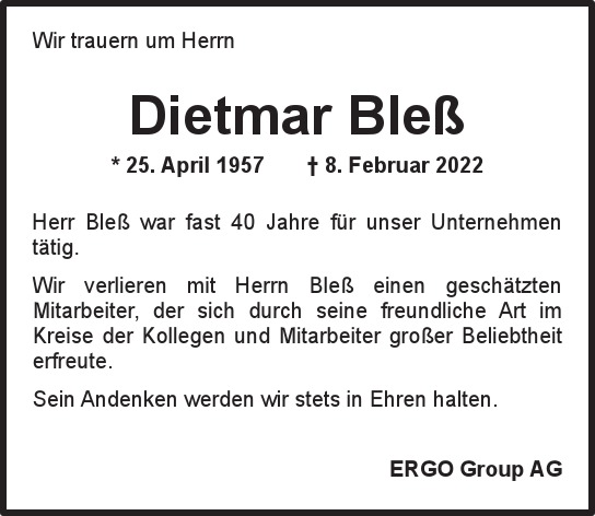 Traueranzeige von Dietmar Bleß von Hamburger Tageszeitungen und Anzeigenblättern der FUNKE Mediengruppe