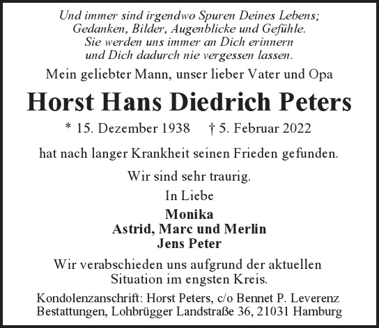 Traueranzeige von Horst Hans Diedrich Peters von Hamburger Tageszeitungen und Anzeigenblättern der FUNKE Mediengruppe