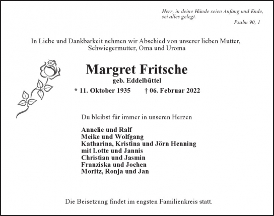 Traueranzeige von Margret Fritsche von Hamburger Tageszeitungen und Anzeigenblättern der FUNKE Mediengruppe