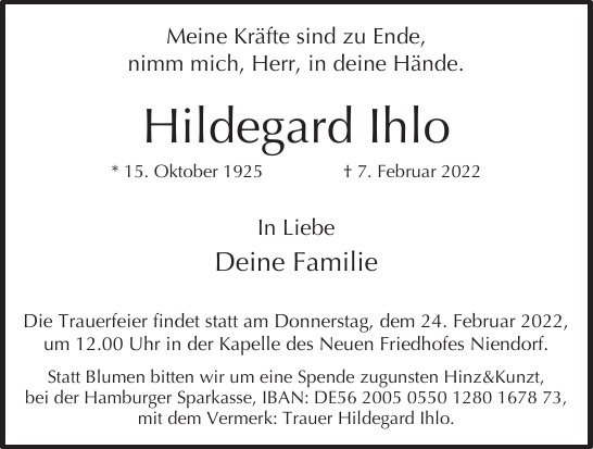 Traueranzeige von Hildegard Ihlo von Hamburger Tageszeitungen und Anzeigenblättern der FUNKE Mediengruppe