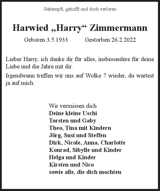 Traueranzeige von Harwied Harry Zimmermann  von Hamburger Tageszeitungen und Anzeigenblättern der FUNKE Mediengruppe