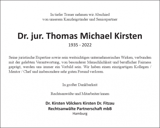 Traueranzeige von Thomas Michael Kirsten  von Hamburger Tageszeitungen und Anzeigenblättern der FUNKE Mediengruppe