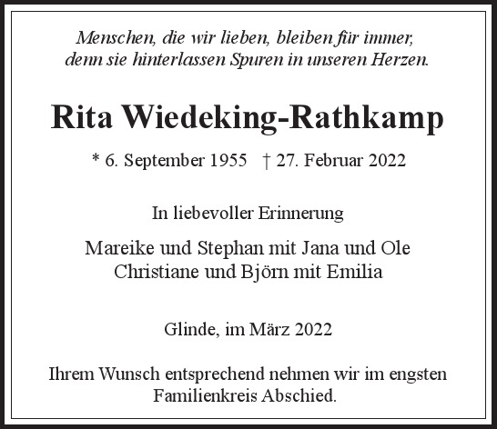 Traueranzeige von Rita  Wiedeking-Rathkamp von Hamburger Tageszeitungen und Anzeigenblättern der FUNKE Mediengruppe