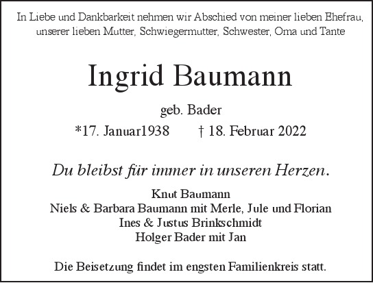 Traueranzeige von Ingrid  Baumann  von Hamburger Tageszeitungen und Anzeigenblättern der FUNKE Mediengruppe