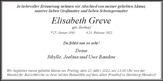 Traueranzeige von Elisabeth Greve  von Hamburger Tageszeitungen und Anzeigenblättern der FUNKE Mediengruppe
