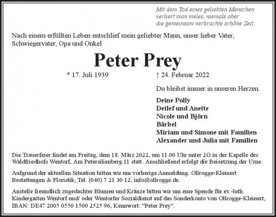 Traueranzeige von Peter Prey  von Hamburger Tageszeitungen und Anzeigenblättern der FUNKE Mediengruppe