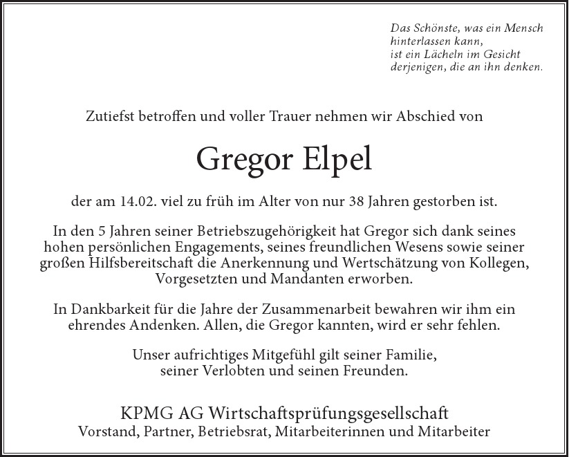  Traueranzeige für Gregor Elpel  vom 05.03.2022 aus Hamburger Tageszeitungen und Anzeigenblättern der FUNKE Mediengruppe