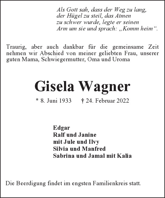 Traueranzeige von Gisela  Wagner  von Hamburger Tageszeitungen und Anzeigenblättern der FUNKE Mediengruppe