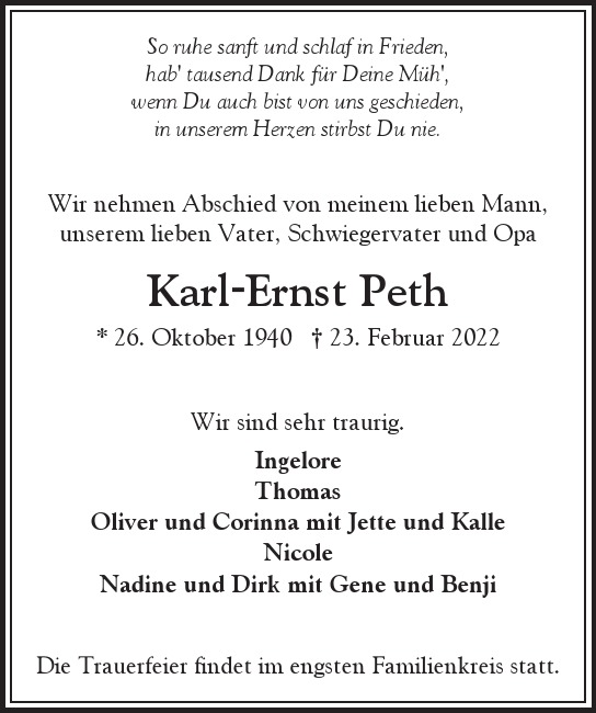 Traueranzeige von Karl-Ernst Peth  von Hamburger Tageszeitungen und Anzeigenblättern der FUNKE Mediengruppe