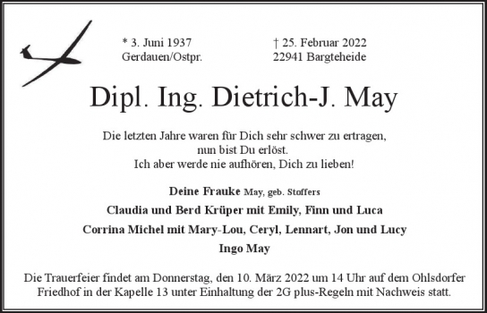 Traueranzeige von Dietrich-J. May  von Hamburger Tageszeitungen und Anzeigenblättern der FUNKE Mediengruppe