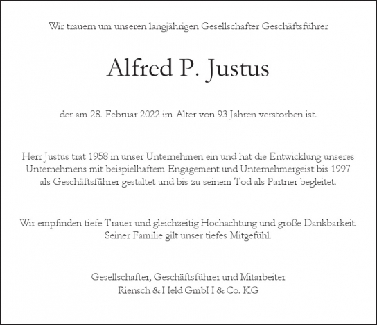 Traueranzeige von Alfred P. Justus  von Hamburger Tageszeitungen und Anzeigenblättern der FUNKE Mediengruppe