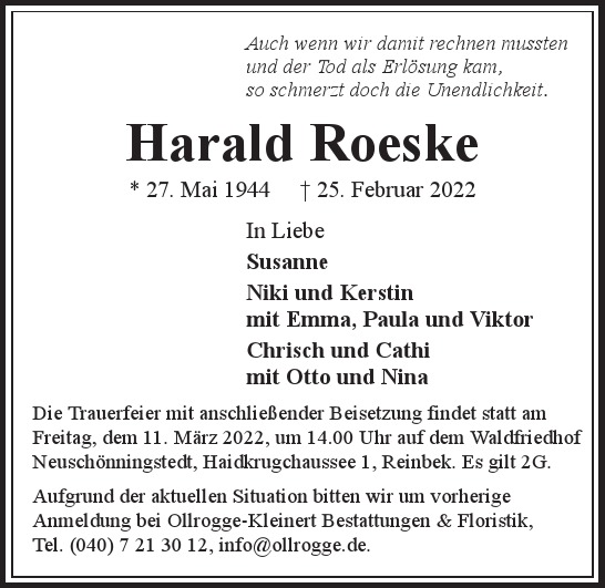 Traueranzeige von Harald  Roeske  von Hamburger Tageszeitungen und Anzeigenblättern der FUNKE Mediengruppe
