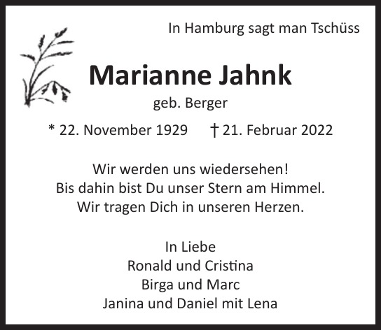 Traueranzeige von Marianne  Jahnk  von Hamburger Tageszeitungen und Anzeigenblättern der FUNKE Mediengruppe