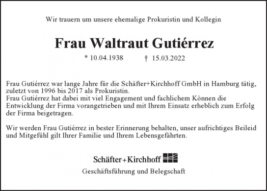 Traueranzeige von Waltraut Gutiérrez von Hamburger Tageszeitungen und Anzeigenblättern der FUNKE Mediengruppe