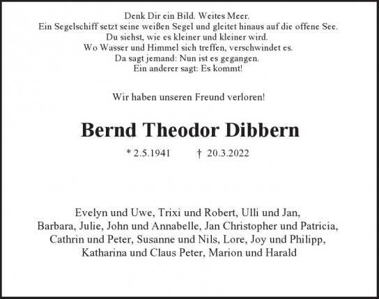 Traueranzeige von Bernd Theodor Dibbern von Hamburger Tageszeitungen und Anzeigenblättern der FUNKE Mediengruppe