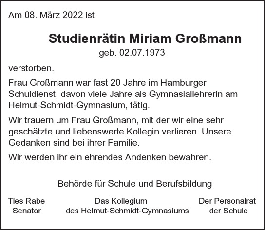 Traueranzeige von Miriam Großmann von Hamburger Tageszeitungen und Anzeigenblättern der FUNKE Mediengruppe