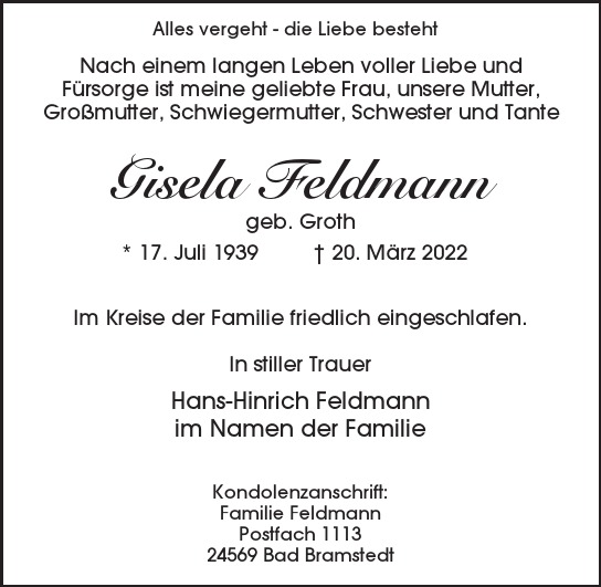 Traueranzeige von Giesela Feldmann von Hamburger Tageszeitungen und Anzeigenblättern der FUNKE Mediengruppe