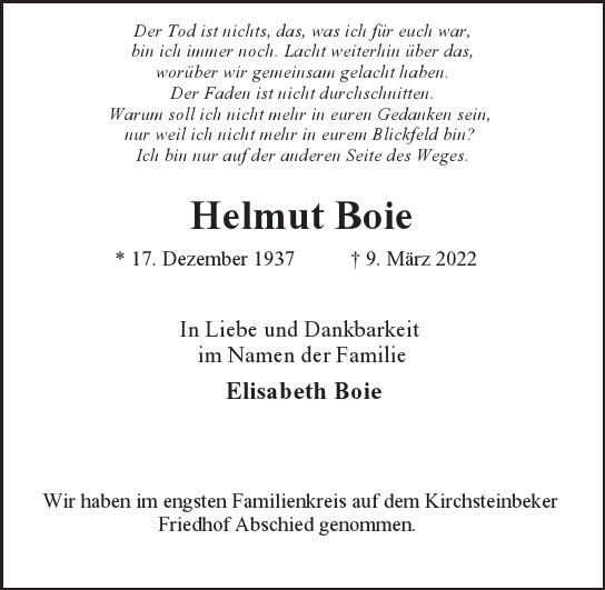 Traueranzeige von Helmut  Boje  von Hamburger Tageszeitungen und Anzeigenblättern der FUNKE Mediengruppe