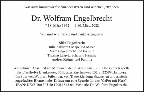 Traueranzeige von Wolfram Engelbrecht  von Hamburger Tageszeitungen und Anzeigenblättern der FUNKE Mediengruppe