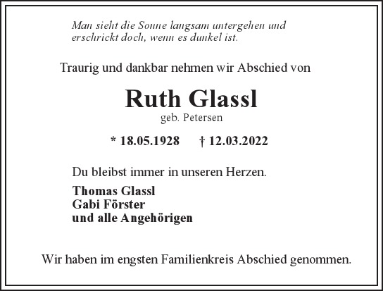Traueranzeige von Ruth  Glassl  von Hamburger Tageszeitungen und Anzeigenblättern der FUNKE Mediengruppe