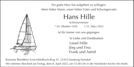 Traueranzeige von Hans Hille  von Hamburger Tageszeitungen und Anzeigenblättern der FUNKE Mediengruppe