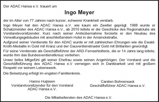 Traueranzeige von Ingo Meyer  von Hamburger Tageszeitungen und Anzeigenblättern der FUNKE Mediengruppe