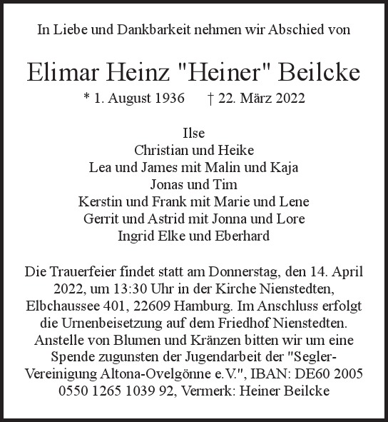 Traueranzeige von Elimar Heinz Heiner Beilcke  von Hamburger Tageszeitungen und Anzeigenblättern der FUNKE Mediengruppe