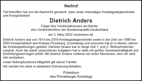 Traueranzeige von Dietrich Anders  von Hamburger Tageszeitungen und Anzeigenblättern der FUNKE Mediengruppe