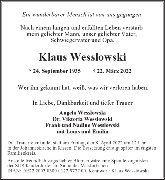 Traueranzeige von Klaus  Wesslowski  von Hamburger Tageszeitungen und Anzeigenblättern der FUNKE Mediengruppe