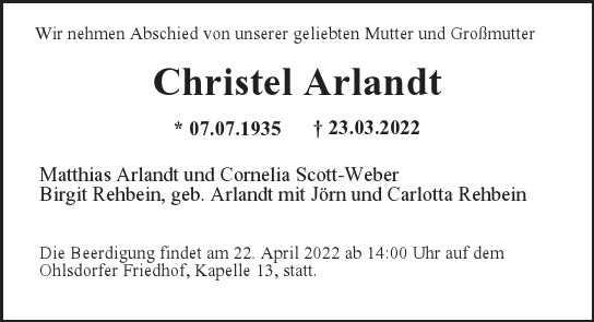 Traueranzeige von Christel  Arlandt  von Hamburger Tageszeitungen und Anzeigenblättern der FUNKE Mediengruppe