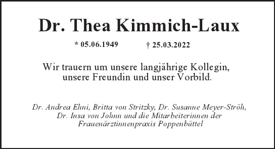 Traueranzeige von Thea Kimmich-Laux  von Hamburger Tageszeitungen und Anzeigenblättern der FUNKE Mediengruppe