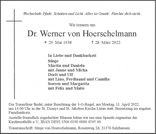 Traueranzeige von Werner von Hoerschelmann  von Hamburger Tageszeitungen und Anzeigenblättern der FUNKE Mediengruppe