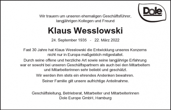 Traueranzeige von Klaus Wesslowski  von Hamburger Tageszeitungen und Anzeigenblättern der FUNKE Mediengruppe