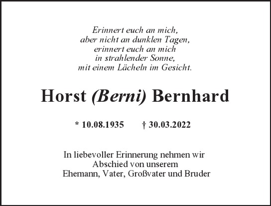 Traueranzeige von Horst Berni Bernhard  von Hamburger Tageszeitungen und Anzeigenblättern der FUNKE Mediengruppe