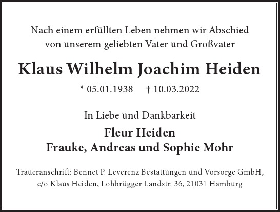 Traueranzeige von Klaus Wilhelm Joachim Heiden von Hamburger Tageszeitungen und Anzeigenblättern der FUNKE Mediengruppe