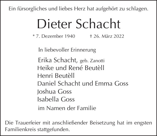 Traueranzeige von Dieter  Schacht  von Hamburger Tageszeitungen und Anzeigenblättern der FUNKE Mediengruppe