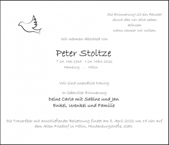 Traueranzeige von Peter Stoltze von Hamburger Tageszeitungen und Anzeigenblättern der FUNKE Mediengruppe