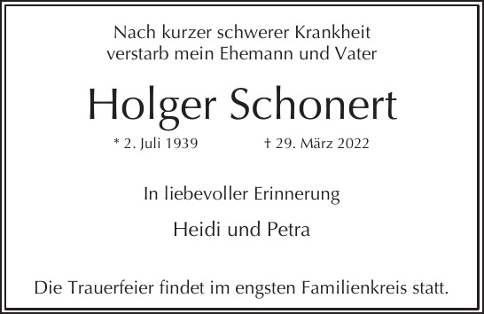 Traueranzeige von Holger  Schonert  von Hamburger Tageszeitungen und Anzeigenblättern der FUNKE Mediengruppe