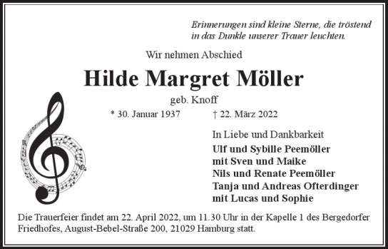 Traueranzeige von Hilde Margret  Möller  von Hamburger Tageszeitungen und Anzeigenblättern der FUNKE Mediengruppe