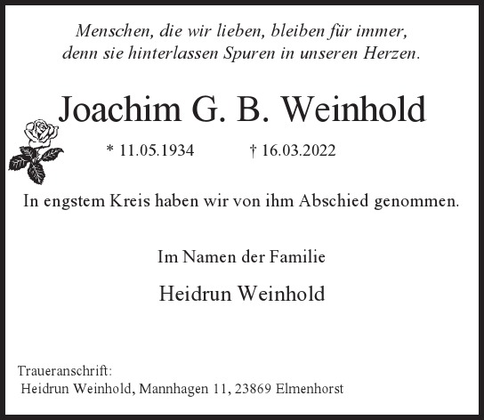 Traueranzeige von Joachim G. B. Weinhold  von Hamburger Tageszeitungen und Anzeigenblättern der FUNKE Mediengruppe