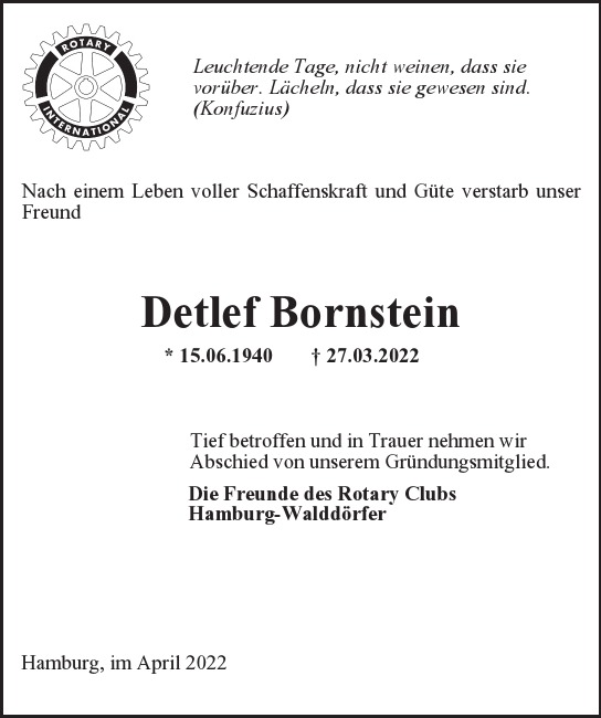 Traueranzeige von Detlef  Bornstein  von Hamburger Tageszeitungen und Anzeigenblättern der FUNKE Mediengruppe